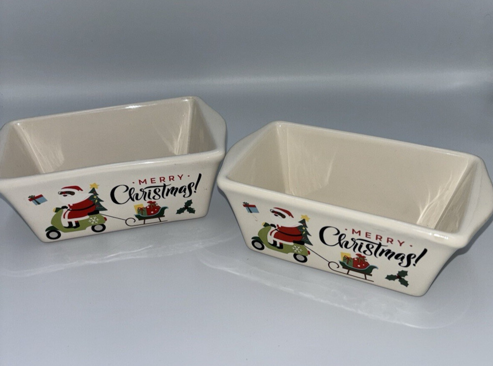 Mini Loaf Pans Set of 2 Holiday Merry Christmas Stoneware Baking Dishes Unused